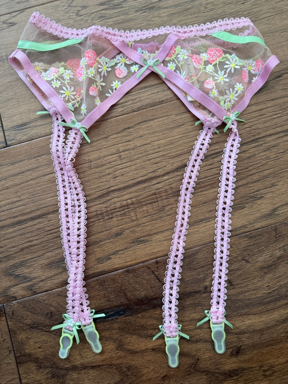 For Love & Lemons Tutti Fruity Shimmer Pink Floral Embroidered Garter Belt